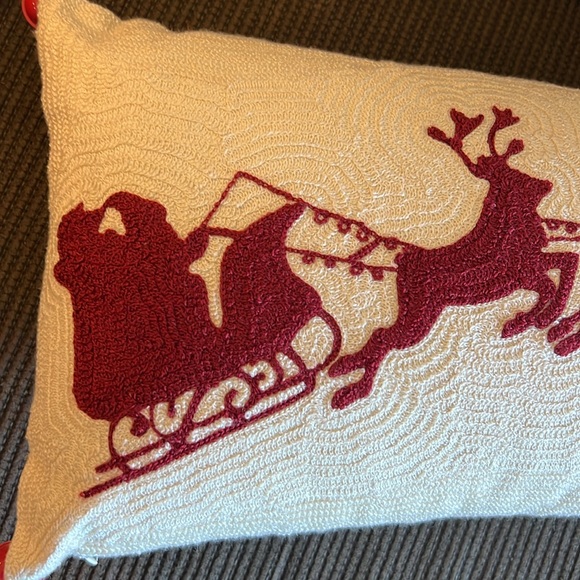 Pottery Barn Sleigh Crewel Embroidered Lumbar Christmas Pillow with Jingle Bells - Picture 2 of 6